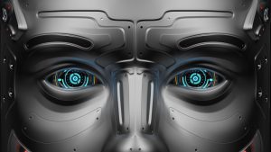 Futuristic AI robot eyes stare at you.
