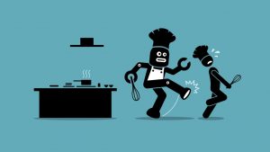 Robot chef kicks away a human chef from doing his job at kitchen.