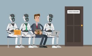 A human sits nervously among robot androids sitting in office corridor waiting for job interview